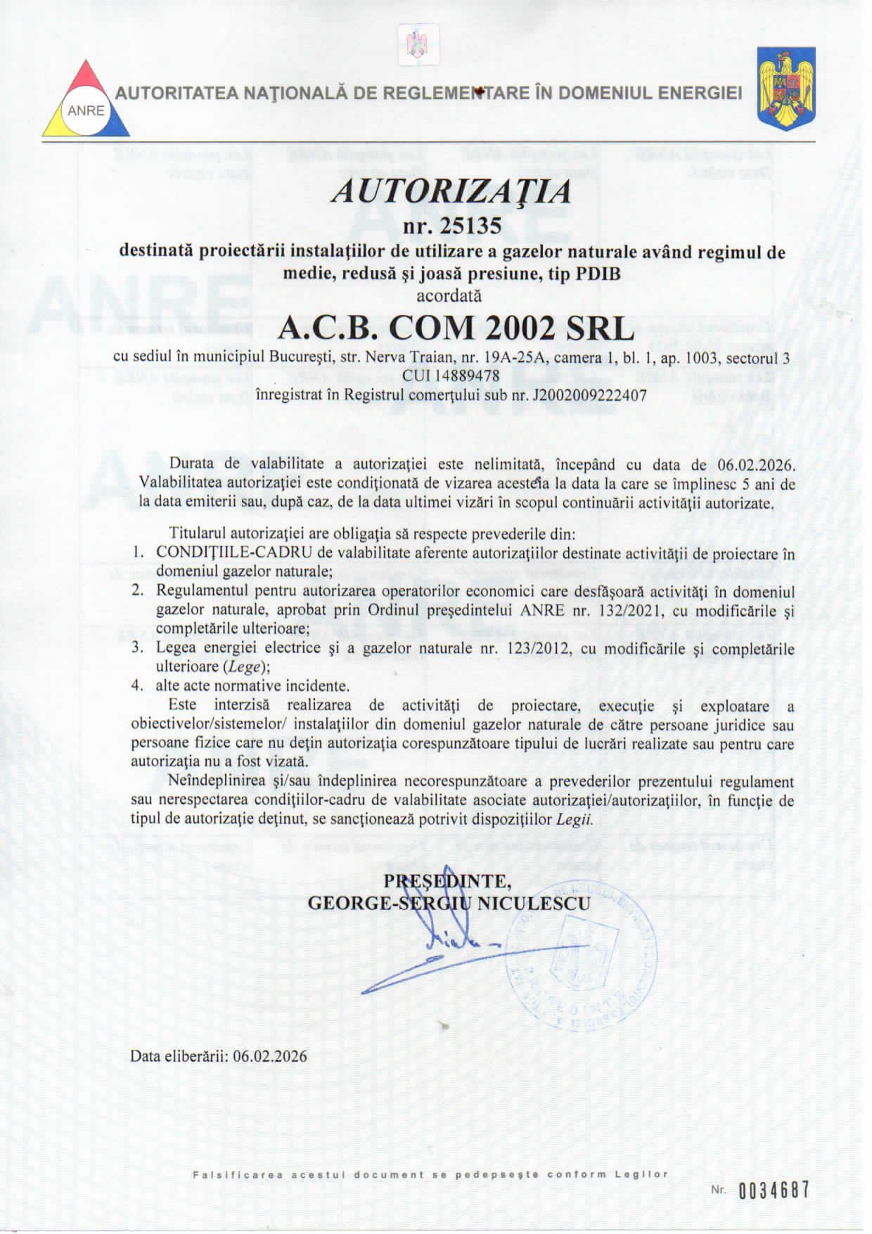 Autorizația ANRE nr. 25135 — PDIB — Proiectare