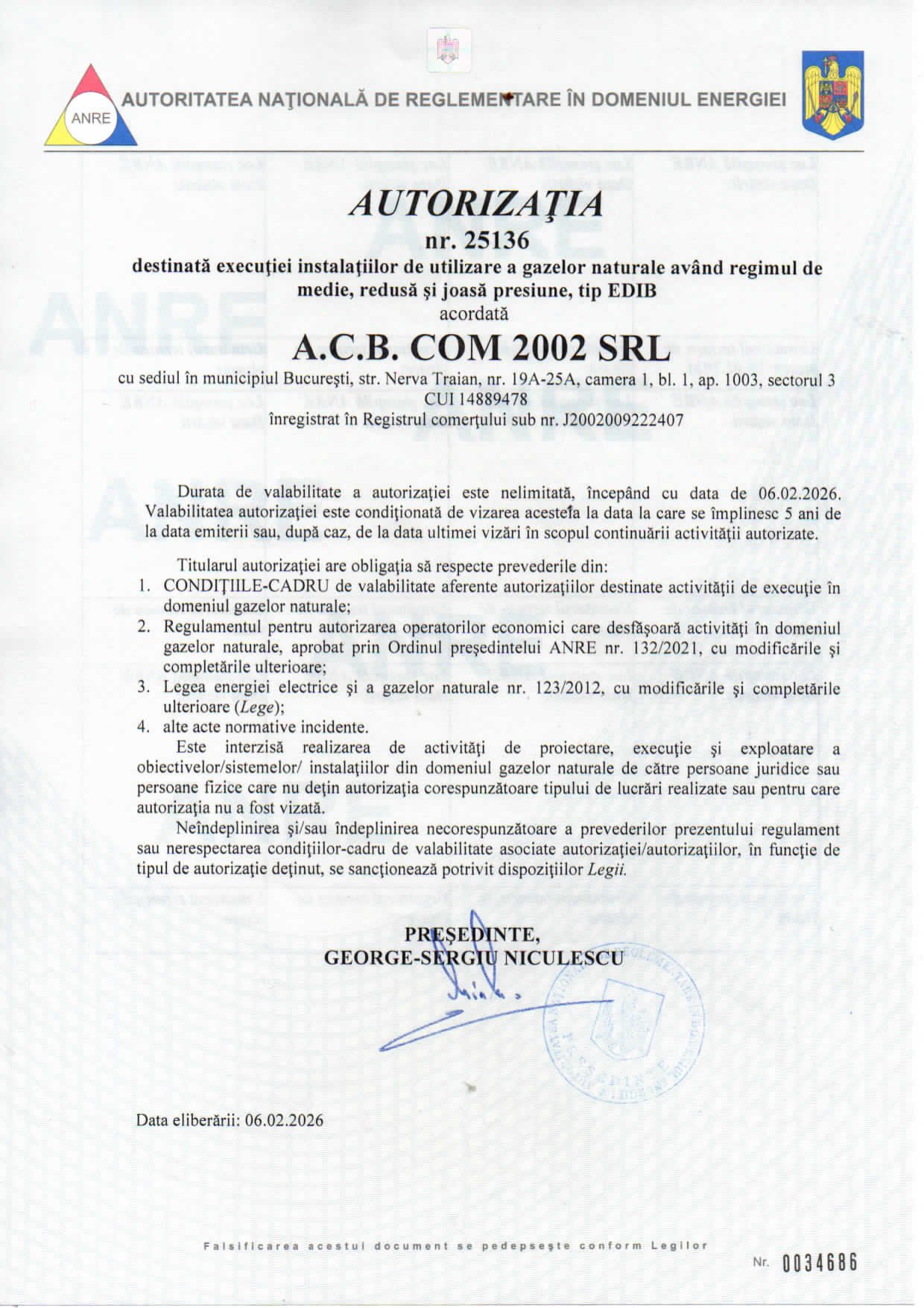 Autorizația ANRE nr. 25136 — EDIB — Execuție